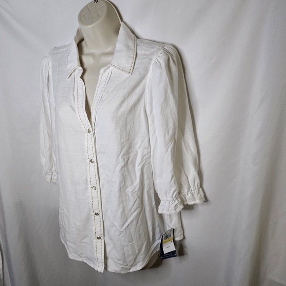 New Democracy Below Elbow Puff Sleeve Western Yoke Snap Front Off White Shirt M - Picture 5 of 15